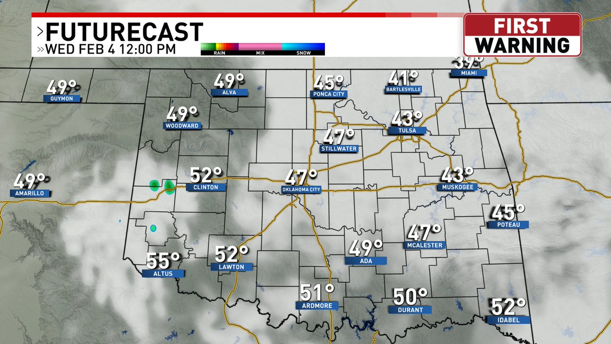 There's a few wet roads for the morning commute today. We'll continue to see a mixture of clouds and isolated sprinkles today, especially in western Oklahoma. Highs will be near average and in the low to mid 50s.
Isolated Showers Moving Out Of The Region
