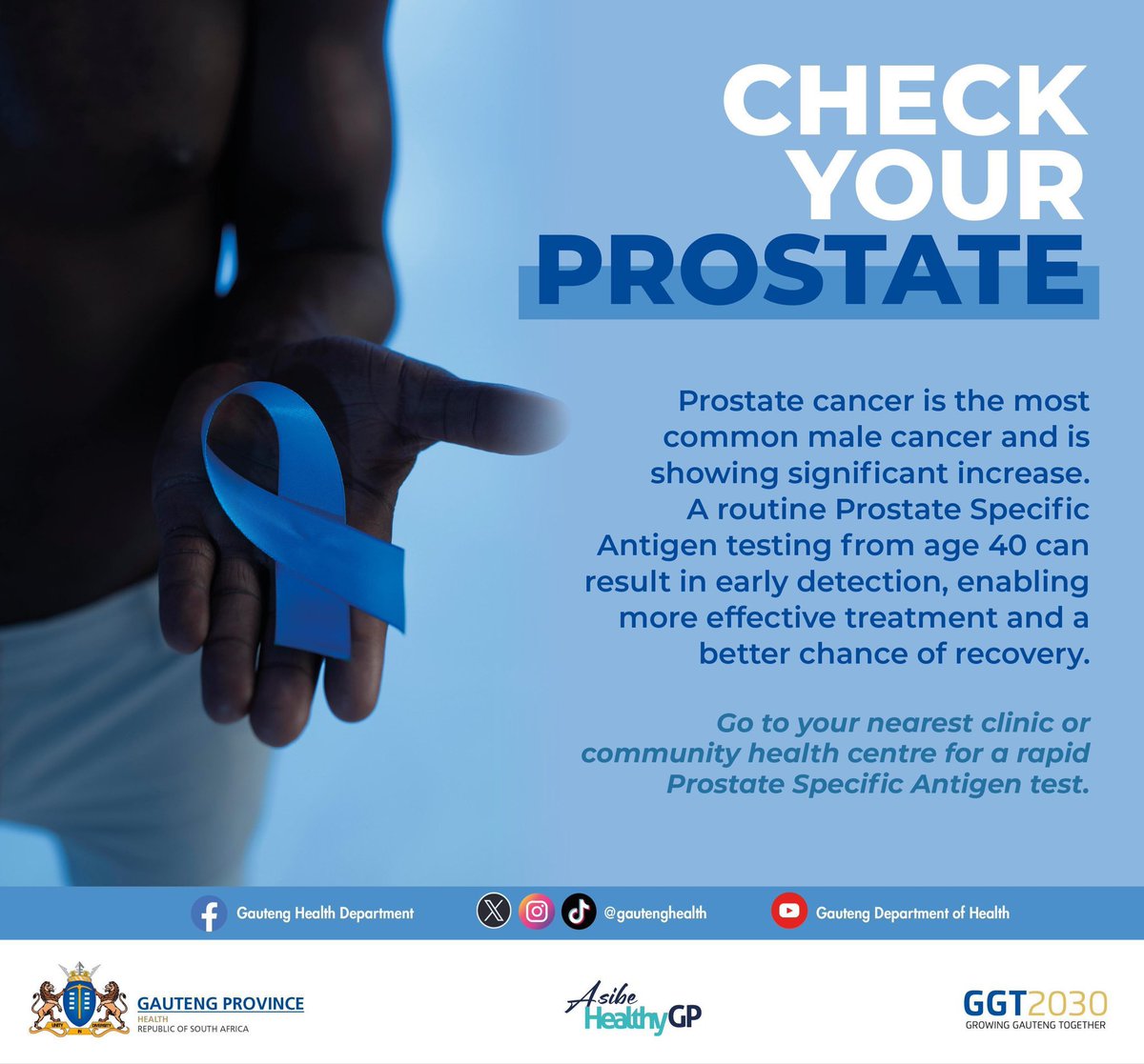 GautengHealth's tweet photo. Brothers, your health matters. Prostate cancer is the most common male cancer but it can be detected early. From age 40, get a PSA test at your nearest clinic or community health centre.
Early detection = better treatment & recovery.
#CheckYourProstate #WorldCancerDay #AsibeHealthyGP