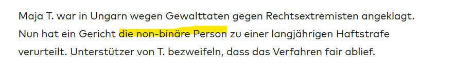 Es gibt keine non-binären Menschen, es ist eine frei erfundene Wunschkategorie verpeilter Wichtigtuer. Ich sehe hier einen linksradikalen Schläger der Hammerbande, der sich Maja nennt und jetzt zurecht verurteilt wurde. #Servicetweet