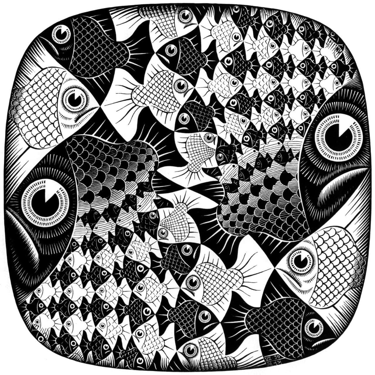 artstitle's tweet image. マウリッツ・コルネリス・エッシャー
（Maurits Cornelis Escher、1898-1972）
『魚と鱗』
（Fishes and Scales）