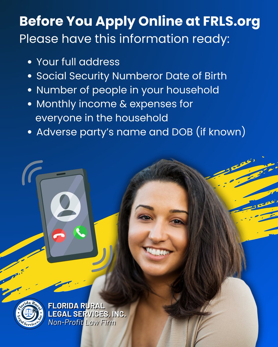 Frls_Inc's tweet image. Before you begin your FRLS online intake application, please have a few important details ready.

Having this information ready helps us review your application quickly and accurately.

Apply Online at FRLS.org
Or Call 1-888-582-3410

#FRLS #LegalAid #FreeLegalHelp