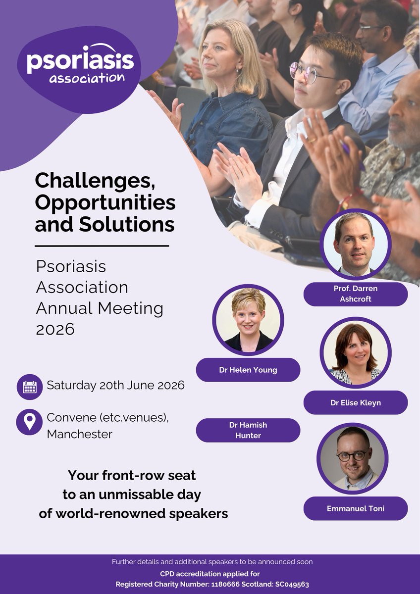 PsoriasisUK's tweet image. 📅 Save the date!

Our annual conference Challenges, Opportunities and Solutions takes place on Saturday 20 June in Manchester.

An unmissable day with world-renowned experts in the psoriasis field.
More details coming soon.

#SaveTheDate #Psoriasis #Conference
