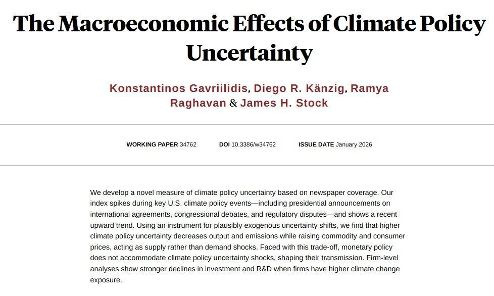 Developing a new newspaper-based measure of climate policy uncertainty and showing it is a salient source of policy risk, lowering output, emissions, and investment while raising prices, from Konstantinos Gavriilidis, <a href="/drkaenzig/">Diego Känzig</a>, <a href="/ramya_rvn/">Ramya Raghavan</a>, and James H. Stock