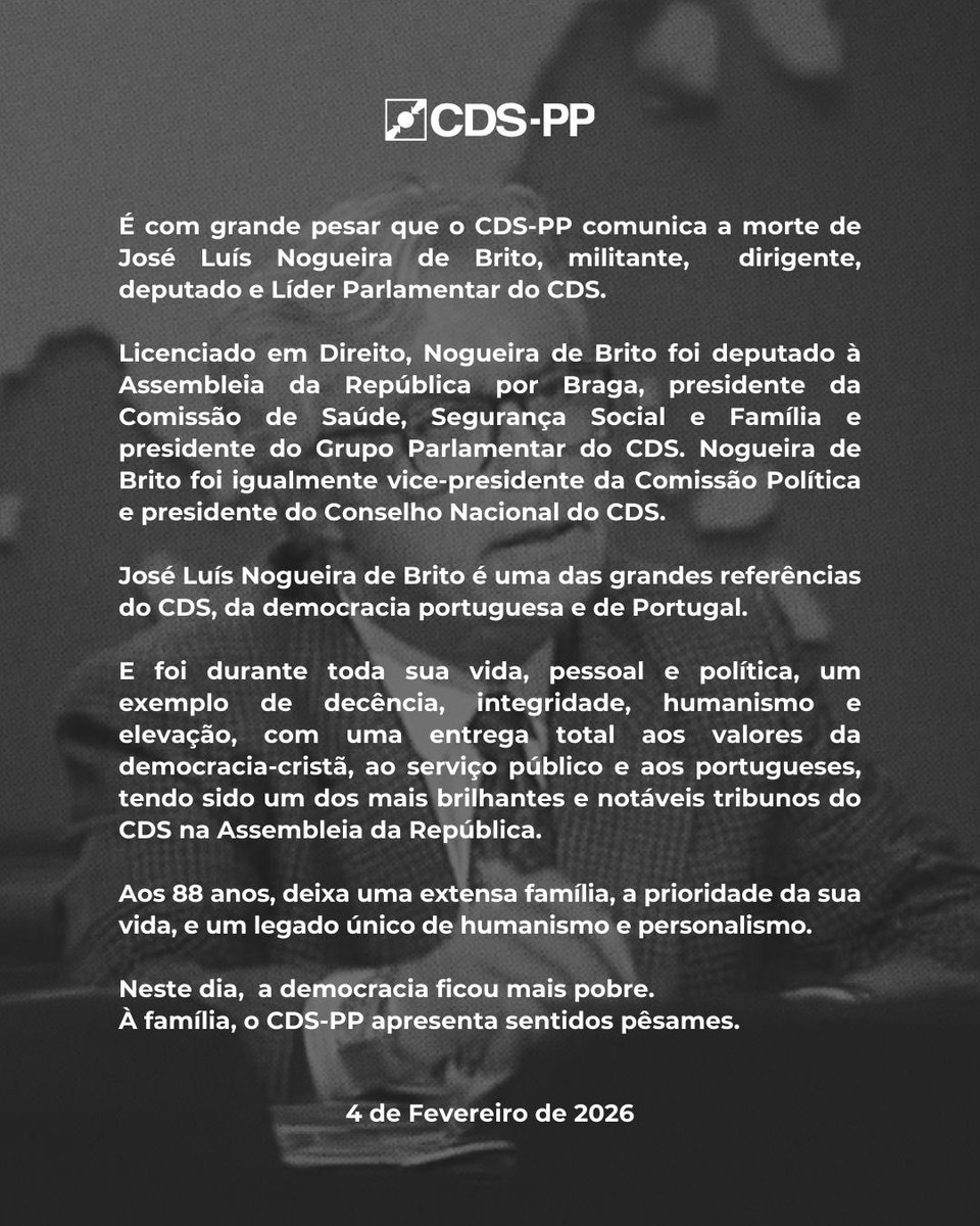 _CDSPP's tweet photo. 🕊️É com grande pesar que o CDS-PP comunica a morte de José Luís Nogueira de Brito, militante, dirigente, deputado e Líder Parlamentar do CDS-PP.

#CDSPP #Direita #Portugal #Luto https://t.co/kbNuP1MVSn