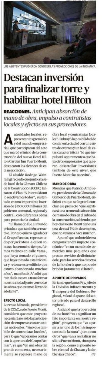 🏗️ Desde la <a href="/CChCPuertoMontt/">CChC Puerto Montt</a> valoramos la inversión que permitirá finalizar la torre Costanera y habilitar el Hilton Garden Inn #PuertoMontt de <a href="/GrupoPasmar/">Grupo Pasmar</a> .

Impulsa empleo local, fortalece a contratistas y dinamiza la economía regional. 📈

ellanquihue.cl/impresa/2026/0…