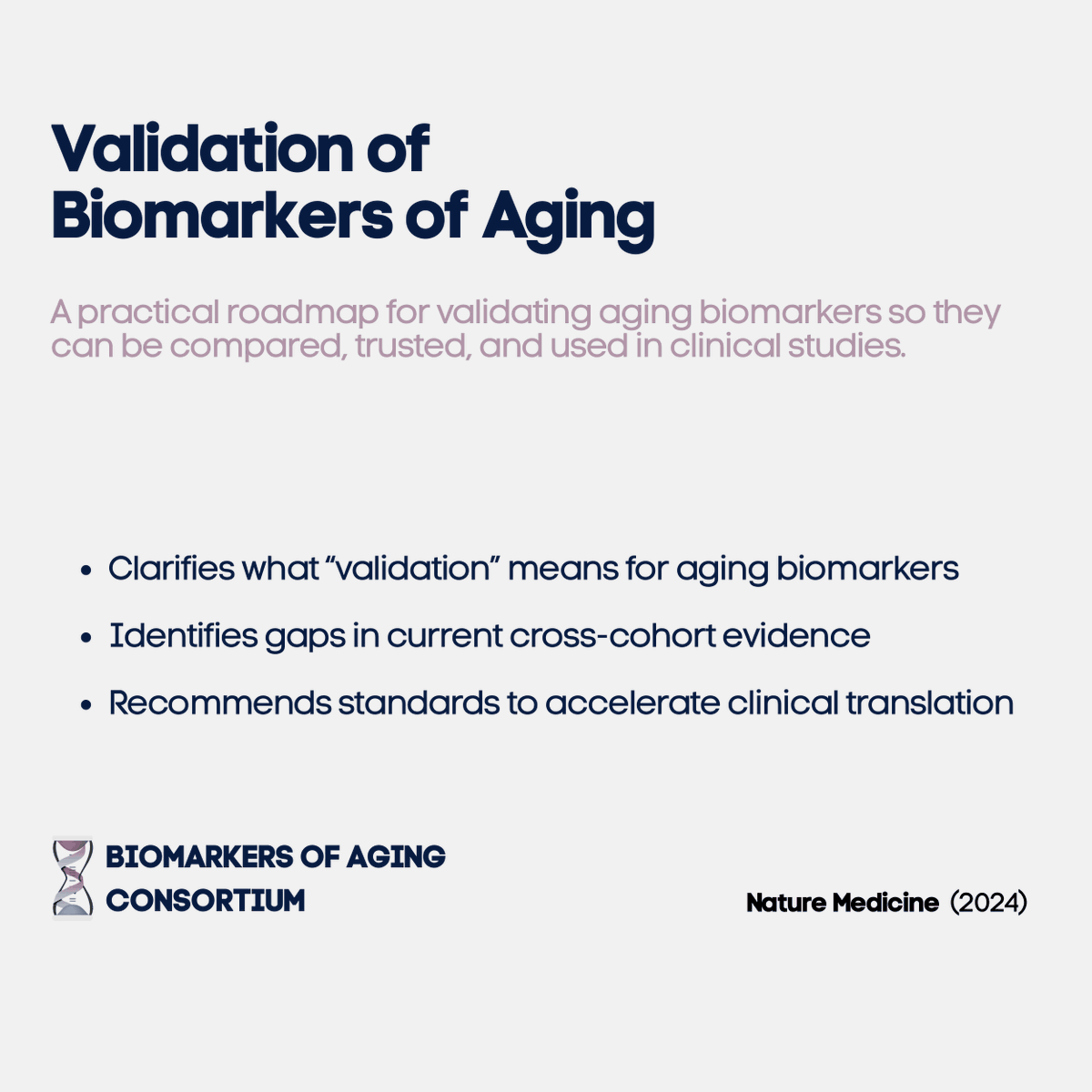 How do we know whether a biomarker of aging actually works? Here's a refresher for the field.

Following our framework on defining biomarkers of aging, this Nature Medicine review tackled the next critical step: validation.

The paper outlines what it takes for aging biomarkers