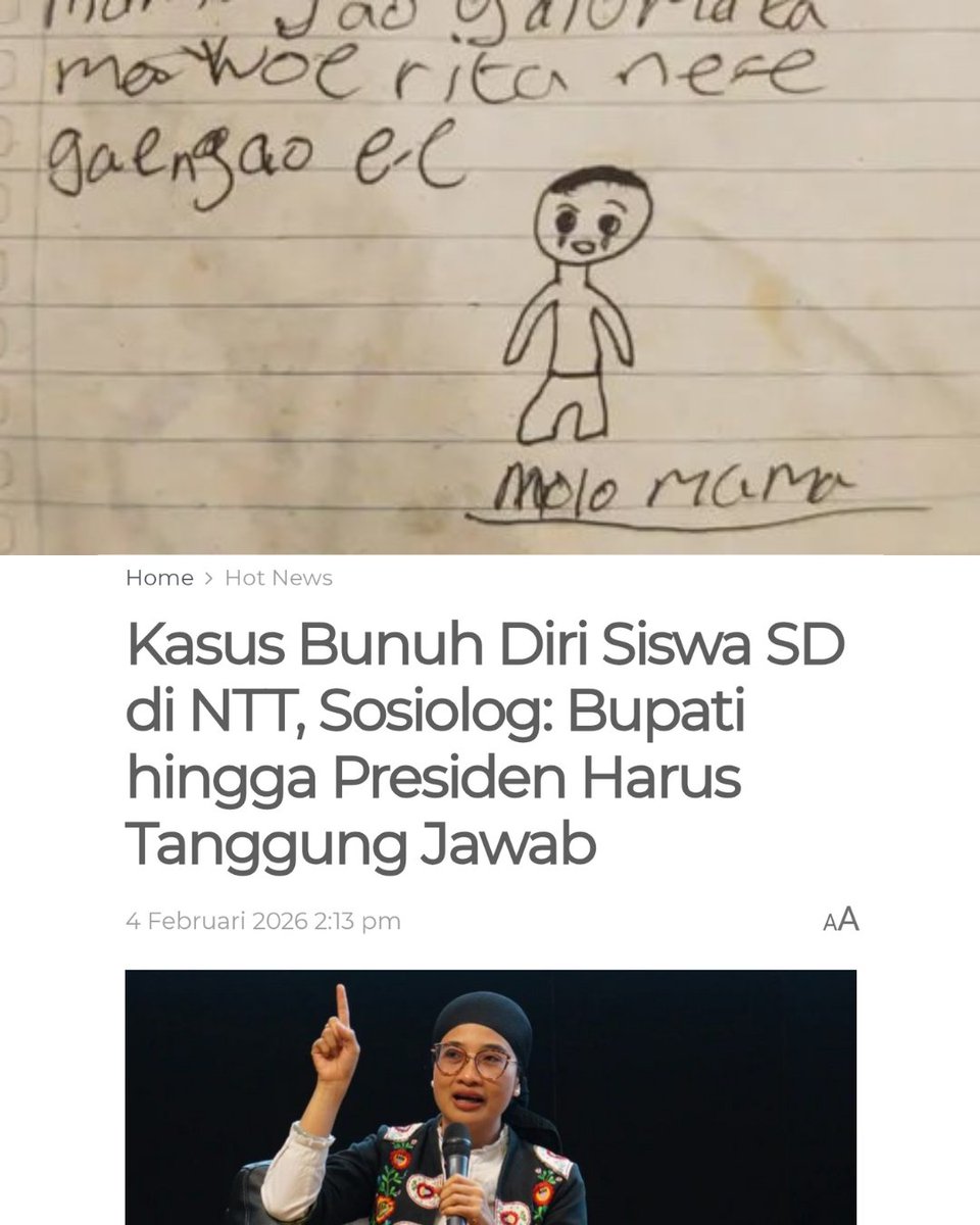 okkymadasari's tweet image. September 2025: ibu &amp;amp; 2 anak di Bandung mengakhiri hidup karena tekanan ekonomi.

Februari 2026: anak 10 tahun di NTT bunuh diri karena tak bisa beli buku dan pensil.

Dengan kementerian segitu banyak, program2 berbiaya fantastis, jelas ini kegagalan.

Tanggung jawab!