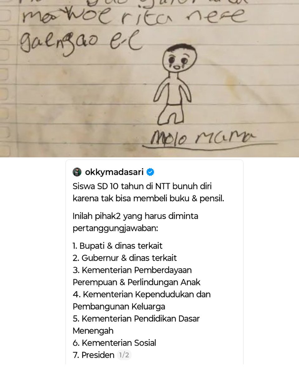 September 2025: ibu &amp; 2 anak di Bandung mengakhiri hidup karena tekanan ekonomi.

Februari 2026: anak 10 tahun di NTT bunuh diri karena tak bisa beli buku dan pensil.

Dengan kementerian segitu banyak, program2 berbiaya fantastis, jelas ini kegagalan.

Tanggung jawab!