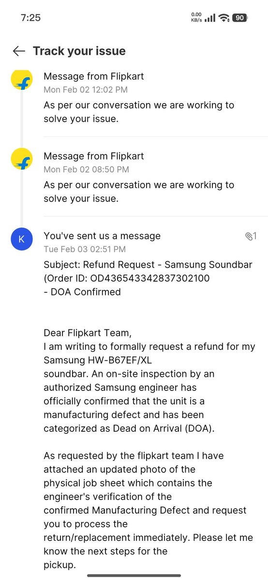 aravind_boddeda's tweet photo. Hey @Flipkart @flipkartsupport , Ordered Samsung B67EF/XL Soundbar (Delivered Jan 22,Open Box). Buttons don't work &amp; bt is faulty. Complained within 7 days, but was told to get Brand service confirmation first. @SamsungIndia
Order ID: OD436543342837302100 
#Flipkart #Samsung(1/3) https://t.co/myHgmVyy2d