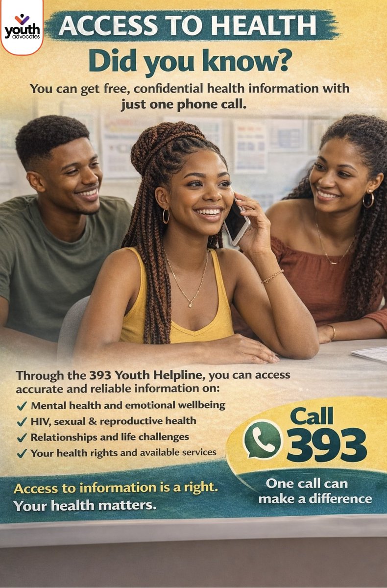 yadvocates_hub's tweet image. 📞 ACCESS TO HEALTH CALL 393

Did you know you can get free and confidential health information with just one phone call?
📞 Call 393 Youth Helpline today one call can make a difference.
#AccessToHealth #393YouthHelpline #YourHealthMatters #YouthEmpowerment