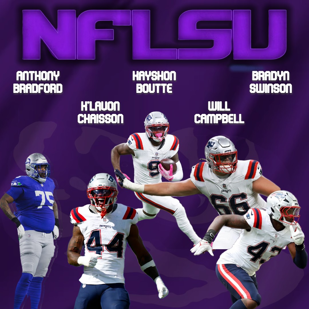 LSU Players in Super Bowl:

New England Patriots:
Will Campbell (offensive tackle)
Kayshon Boutte (wide receiver)
K'Lavon Chaisson (linebacker
Bradyn Swinson (linebacker/defensive end)

Seattle Seahawks:
Anthony Bradford (offensive guard)

#JustDifferent
<a href="/LSUfootball/">LSU Football</a> <a href="/Lane_Kiffin/">Lane Kiffin</a>