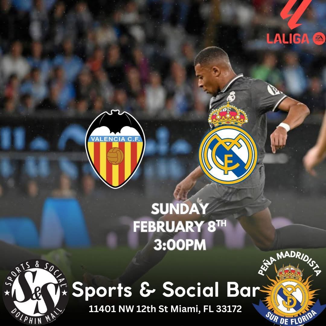 PRÓXIMO PARTIDO!🙌
🆚 VALENCIA 
📍11401 NW 12th St, Miami, FL 33172
⏰ DOMINGO 3:00 PM 
🏆 <a href="/LaLiga/">LALIGA</a>
#MadridistasMiami #RMSurDeFlorida #RMFans #MadridismoUSA #HalaMadrid