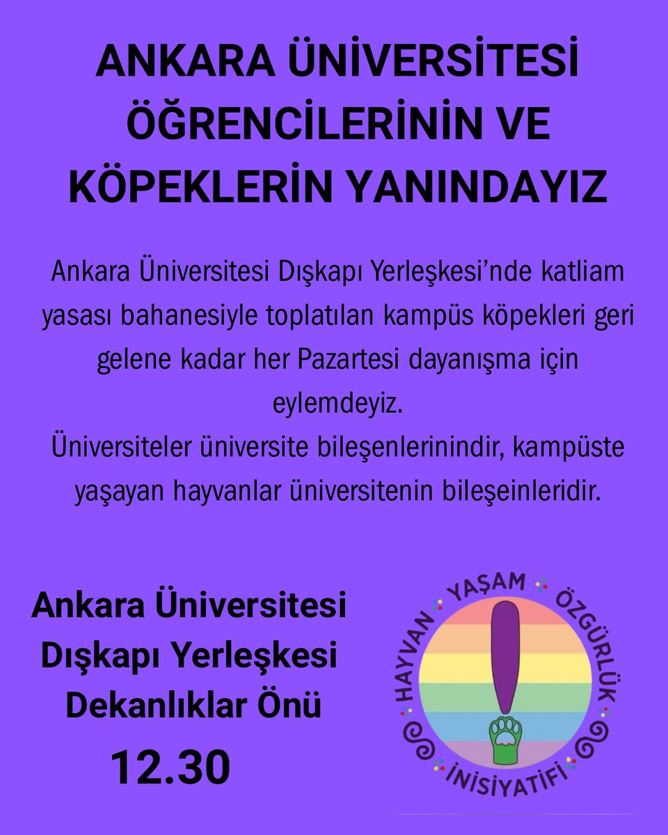 ANKARA ÜNİVERSİTESİ ÖĞRENCİLERİNİN VE KÖPEKLERİN YANINDAYIZ

Ankara Üniversitesi Dışkapı Yerleşkesi’nde katliam yasası bahanesiyle toplatılan kampüs köpekleri geri gelene kadar her Pazartesi dayanışma için eylemdeyiz.
Üniversiteler üniversite bileşenlerinindir, kampüste yaşayan