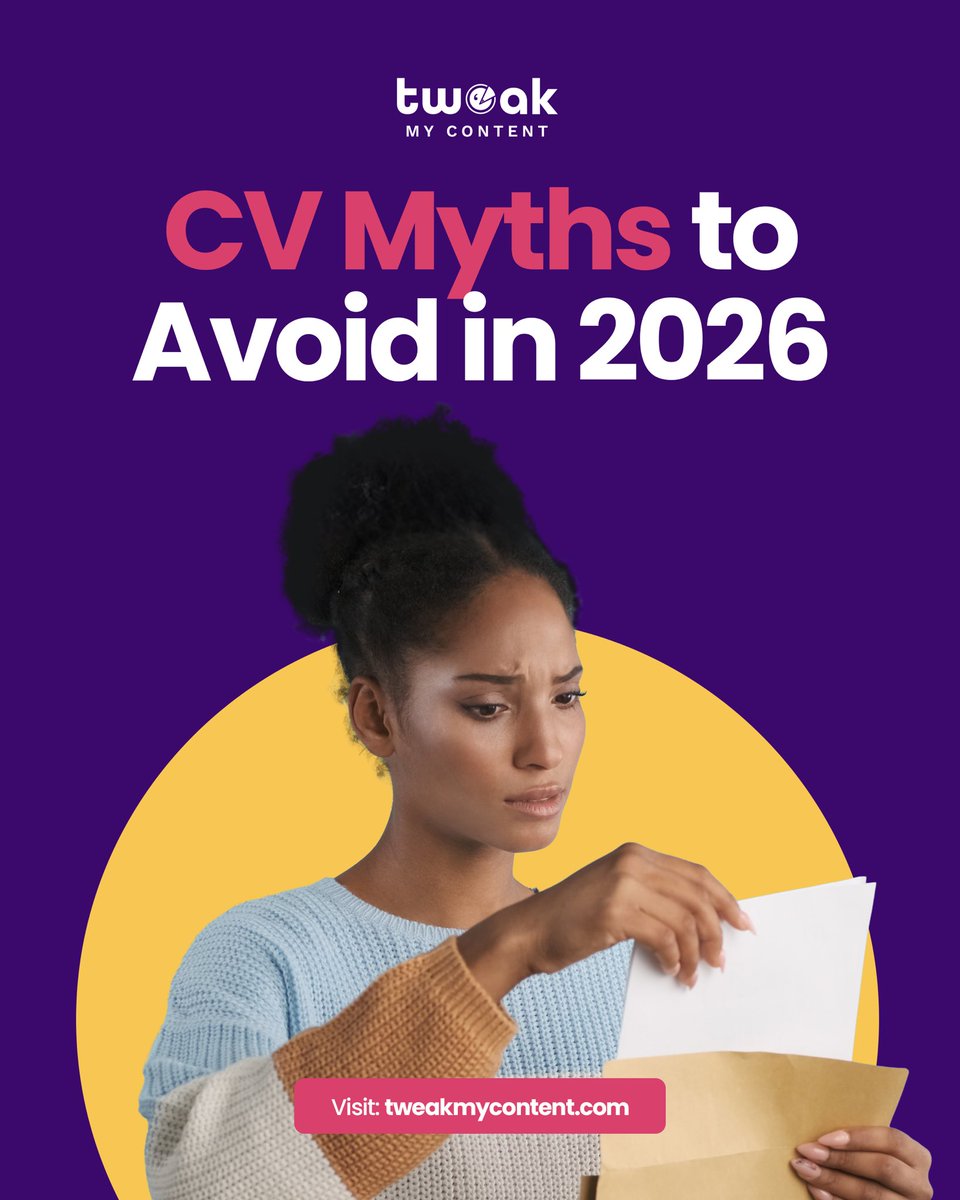 tweakmycontent's tweet photo. Don’t fall for these CV myths in 2026. 

It’s all about quality over quantity and making that first impression count.

#TweakMyContent #ResumeMyths #CareerTips #JobSearch2025 #ResumeHelp #CareerAdvice https://t.co/mRETDKuSmE