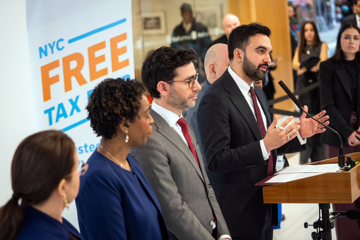 NYCMayor's tweet image. Yesterday we kicked off NYC’s Free Tax Prep season. That means filing your taxes at zero cost, keeping every dollar of your refund, and not getting ripped off by for-profit companies. 
 
Nearly half of all New Yorkers qualify. Get help—virtually or in person—at…