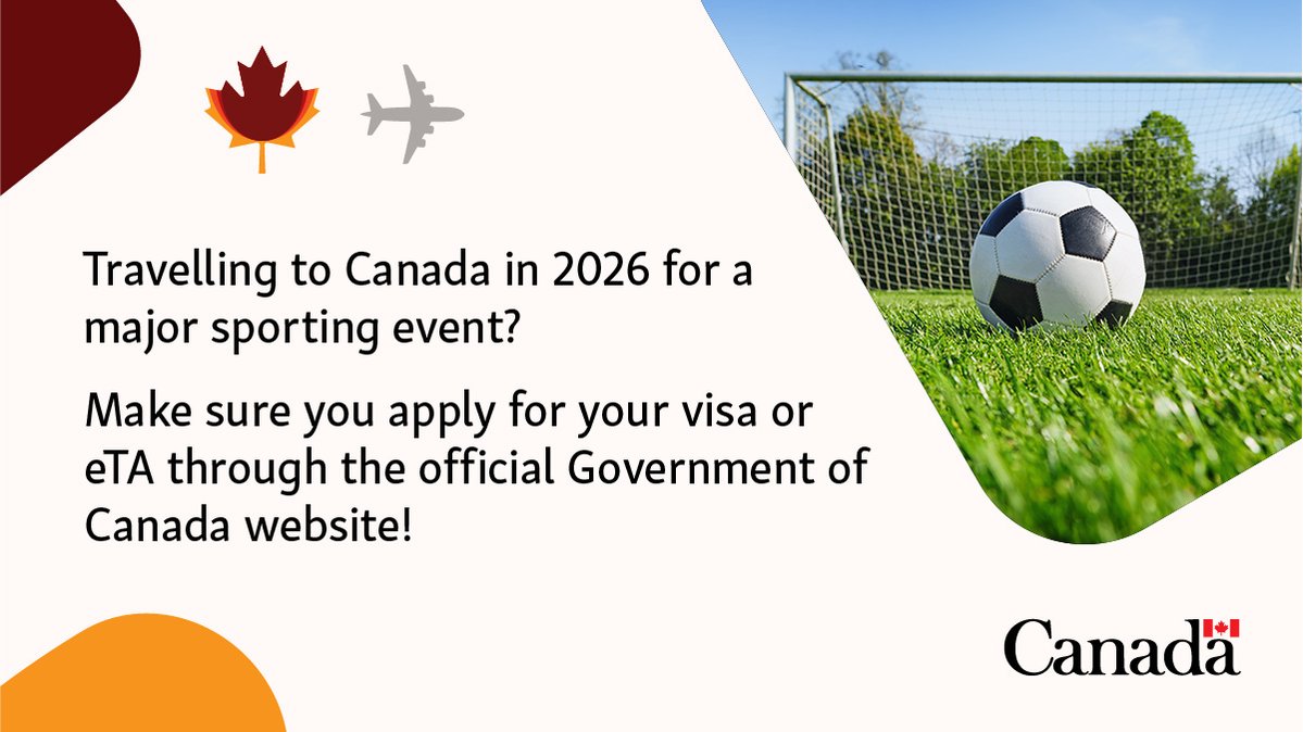Applying  for an electronic travel authorization (eTA) or visa to travel to Canada for the FIFA World Cup 2026™? Be careful of companies or individuals that claim they can help you get one! Make sure you apply through the official Government of Canada website: