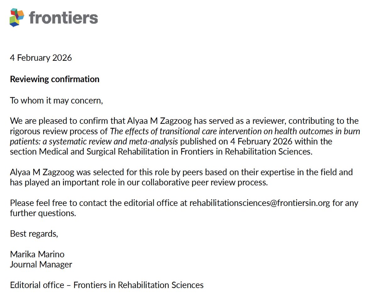 AlyaaZagzoog's tweet image. Honored to have contributed as a peer reviewer for #Frontiers in Rehabilitation Sciences 📝 

#PeerReview
#AcademicService
#FrontiersJournals
#RehabilitationSciences
#BurnCare
#EvidenceBasedPractice
#ResearchCommunity