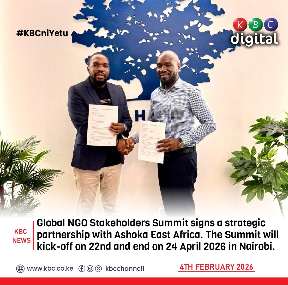 KBCChannel1's tweet photo. Global NGO Stakeholders Summit signs a strategic partnership with Ashoka East Africa. The Summit will kick-off on 22nd and end on 24 April 2026 in Nairobi.

#KBCniYetu ^KG https://t.co/sLdNhCmQRL