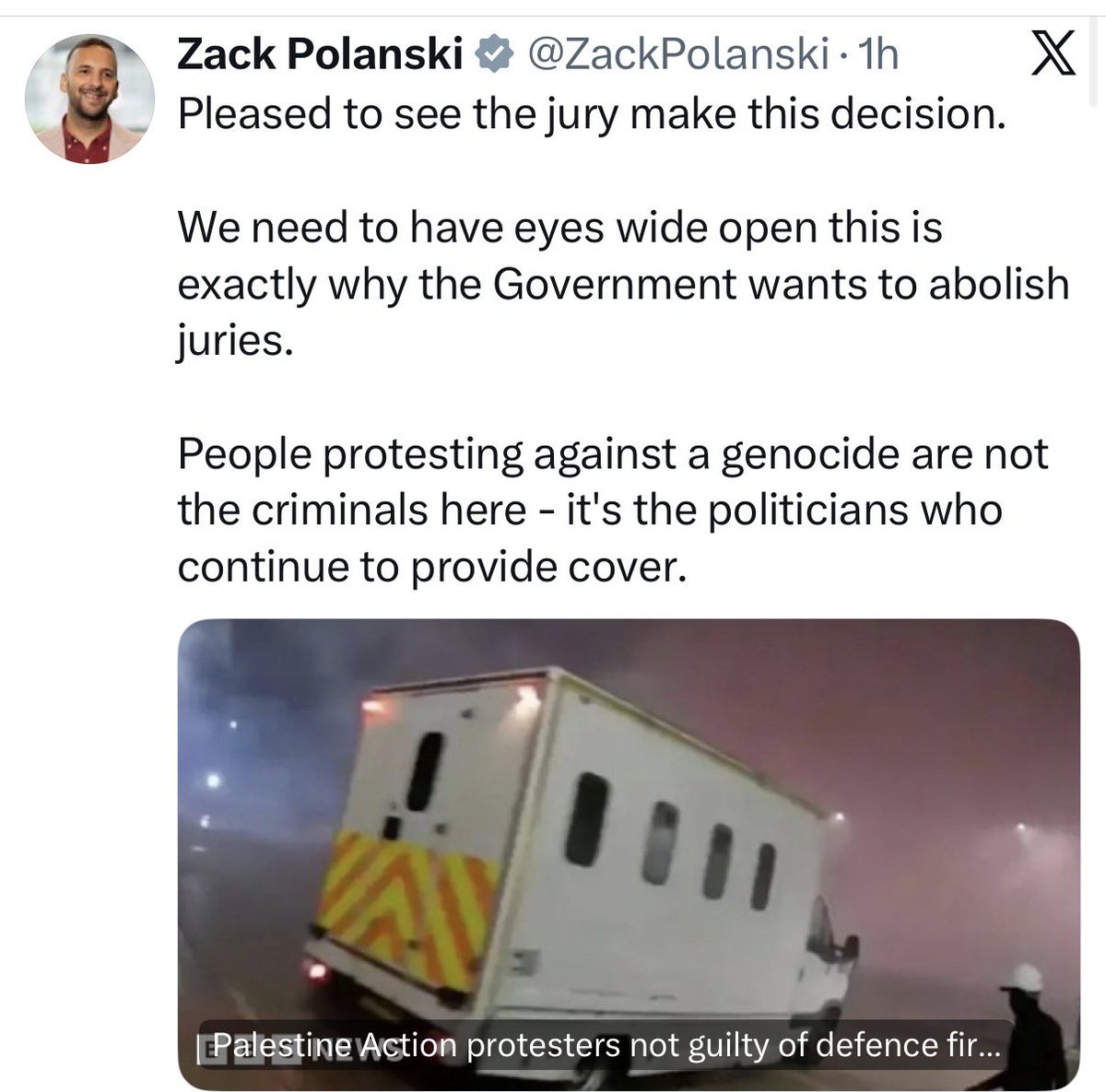 HeidiBachram's tweet image. A van was rammed into a factory and thugs wielding sledgehammers menaced security guards. One female police officer had her spine broken. But someone who wants to be PM is “pleased” with a jury failing to convict any of them. Damning.