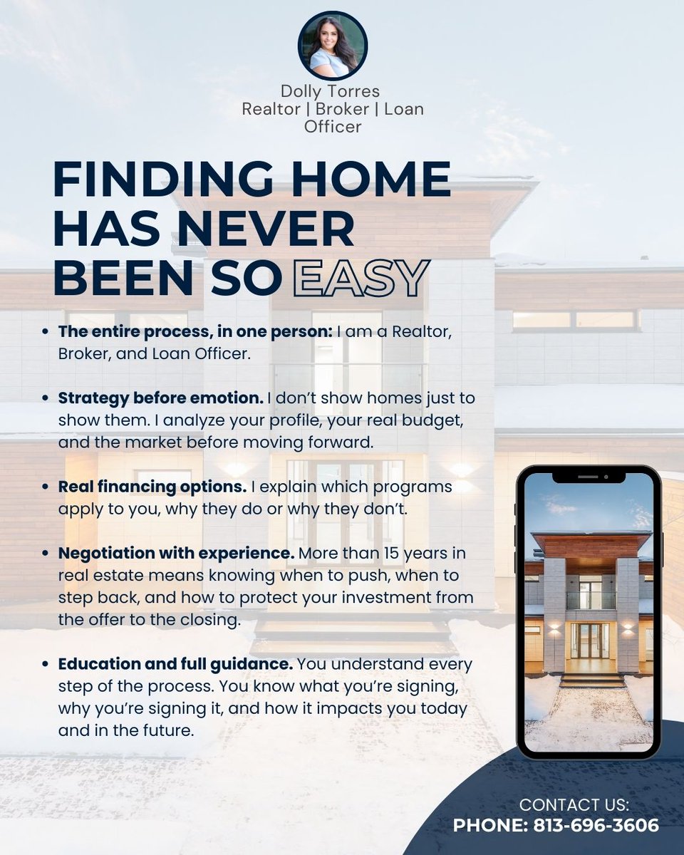 Dolly_Realtor's tweet photo. Buying a home without financial clarity is a mistake.

I help you understand what you can truly afford, choose the right loan, and protect your money from the offer forward.

Realtor, Broker &amp; Loan Officer.
Florida &amp; Kentucky.
📞 813-696-3606 https://t.co/UGKnEEkt5T
