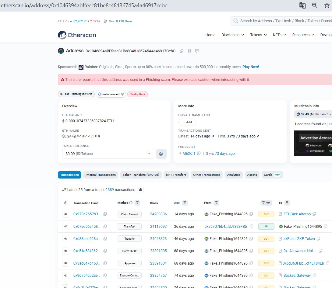 OxKaeth's tweet photo. @etherscan @DropsBot Hey @etherscan , how do I remove this message from my address metamaks.eth -  0x1046394aBFfeec81Be8C48136745A4a46917CcbC? I'm not doing any phishing. What the hell is this? https://t.co/6DezBnpEVe