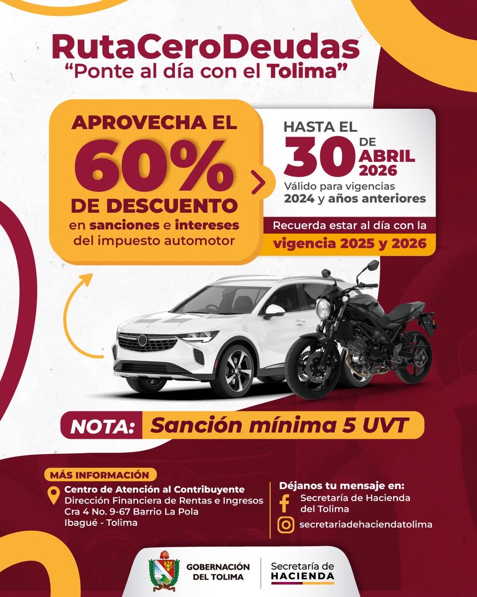 La Gobernación del Tolima recuerda  que está vigente el 60% de descuento en sanciones e intereses del impuesto automotor, vigencias 2024 y años anteriores, beneficio que estará disponible hasta el 30 de abril de 2026. <a href="/gobertolima/">Gobernación del Tolima</a> <a href="/AdrianaMatizTol/">Adriana Magali Matiz 🇨🇴</a> 

elcorrillo.co/descuento-del-…