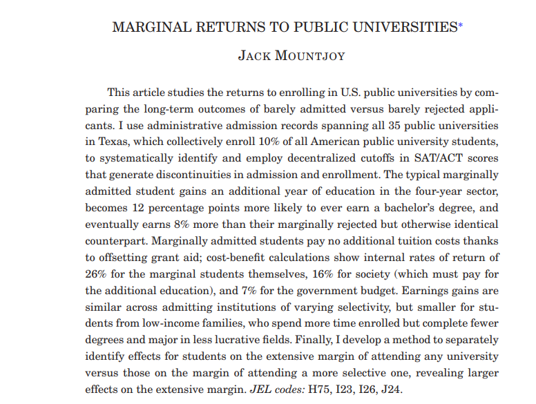 🎓📈 ¿Merece la pena ampliar el acceso a la universidad? Evidencia causal: los estudiantes marginalmente admitidos en universidades públicas ganan un 8 % más a largo plazo. Retornos: 26 % para el estudiante, 16 % para la sociedad y 7 % incluso para el presupuesto público. Más