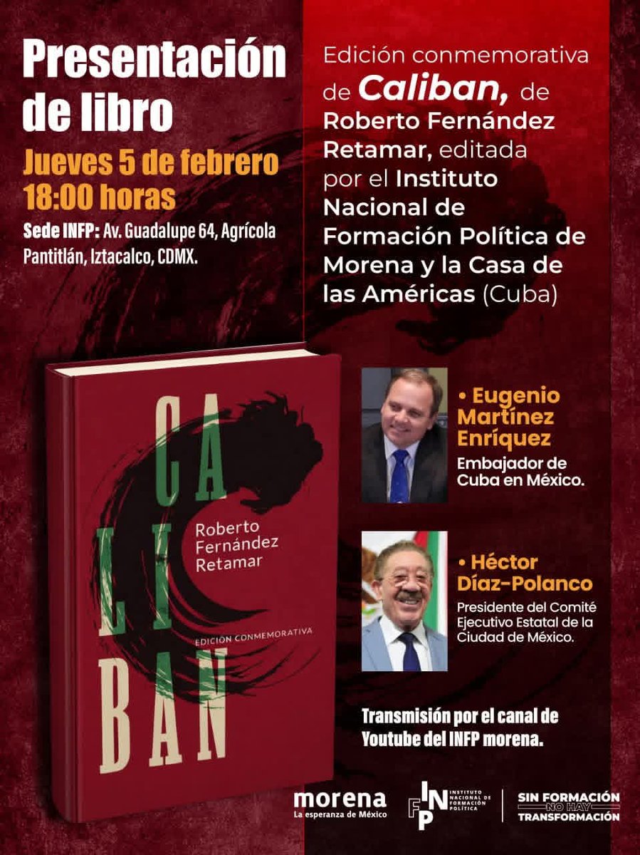 Este jueves 5 d febrero se presentará en México el trascendente ensayo CALIBAN d nuestro Roberto, una coedición del Instituto Nacional d Formación Política d MORENA y la <a href="/CasAmericas/">Casa de las Américas</a>. Gracias x apoyar la difusión d este texto esencial del pensamiento anticolonial y emancipador!!!