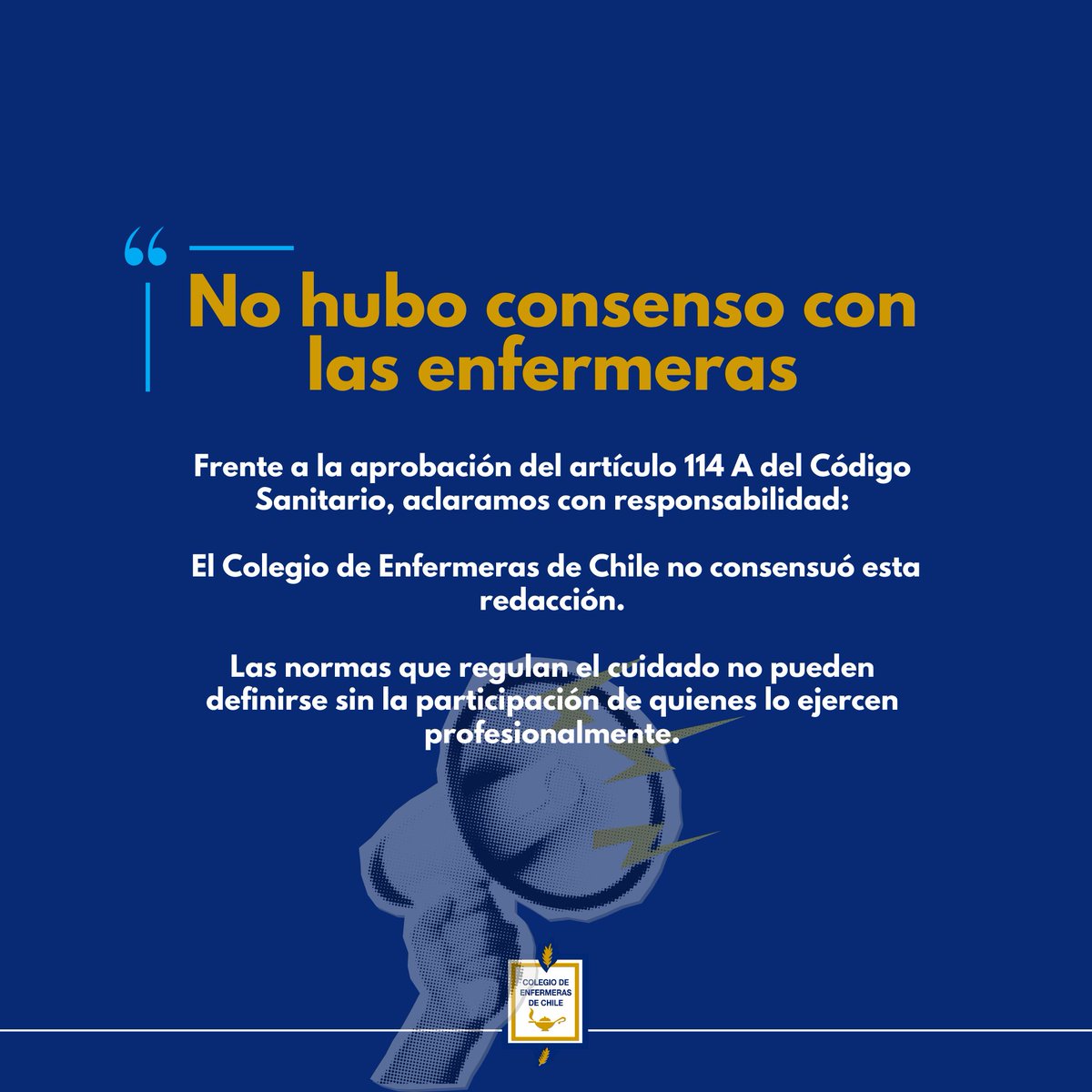 Frente a la aprobación del artículo 114 A del Código Sanitario por la Comisión de Salud de la Cámara de Diputados, aclaramos con responsabilidad:
Colegio de Enfermeras no consensuó esta redacción.
Exigimos respeto al ejercicio profesional y al rol de la enfermera.
