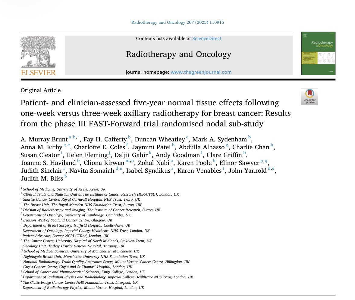 radioncoluis's tweet photo. Patient- and clinician-assessed five-year normal tissue effects following one-week versus three-week axillary radiotherapy for breast cancer: Results from the phase III FAST-Forward trial randomised nodal sub-study

https://t.co/GWMM2Aey2s https://t.co/4Qyw9NUSSI