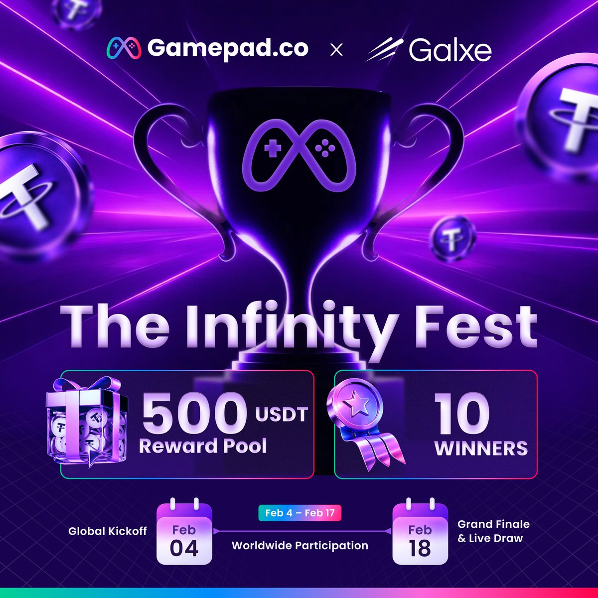 gamepadco's tweet image. 🚀 The Infinity Fest is officially LIVE.

Complete the tasks on @Galxe, secure your eligibility, and join us live on Feb 18 for the winner reveal.

💰500 USDT | 🏆 10 Lucky Winners

👉app.galxe.com/quest/bUb2bUpV…

📝Details: medium.com/@gamepadcoco/g…