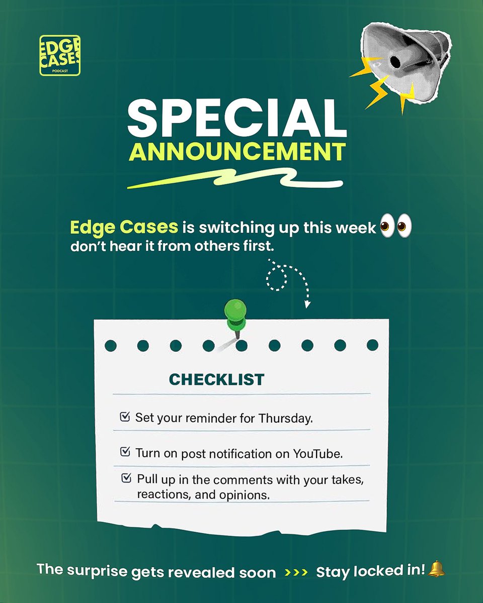 edgecasespod's tweet photo. Special Announcement 🎉
 Edge Cases is switching things up this week, don’t hear it from anyone else first!

A surprise is coming soon… stay locked in and be the first to find out 👀 https://t.co/E2elI2veKu