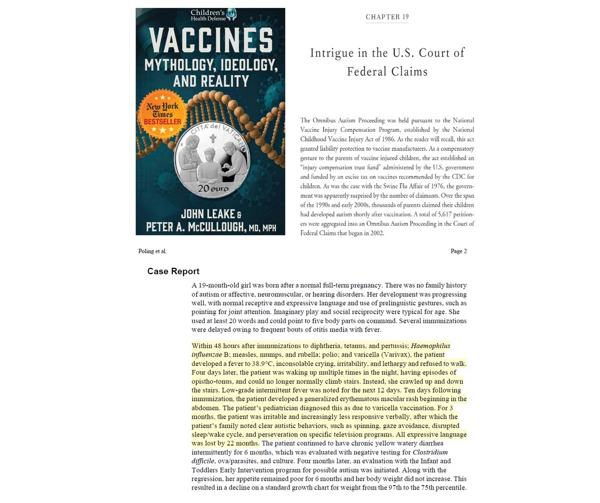 P_McCulloughMD's tweet photo. Hannah Poling Case is a Compelling Vignette

Combinations of vaccines can trigger autism in susceptible babies.  US Omnibus Autism Proceeding held pursuant to the National Vaccine Injury Compensation Program--5,617 petitioners in Court of Federal Claims 2002, including autism victim Hannah Poling, daughter of Johns Hopkins neurologist Jonathan Poling, MD.  Courtesy Lila Rose Show @LilaGraceRose