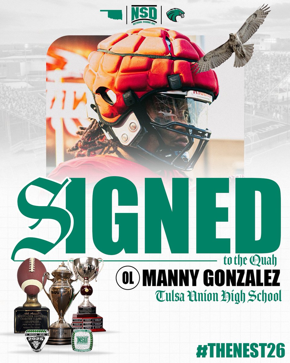 NSU_Football's tweet photo. Signed to the Quah ✍️🦅

Manny Gonzalez, welcome to NSU!

#TheNest26 | #Come2TheQuah https://t.co/MXgAmRFdlU