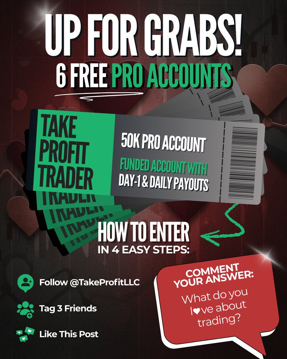 Valentine's Day is coming up so we're putting 6 free $50K PRO accounts up for grabs! Here's how to enter...

💌 Follow us on X or Instagram (takeprofittrader)

💌 Tag 3 traders / friends.

💌 Like this post.

💌 Comment your answer to "What do you love about trading?"

That's it!