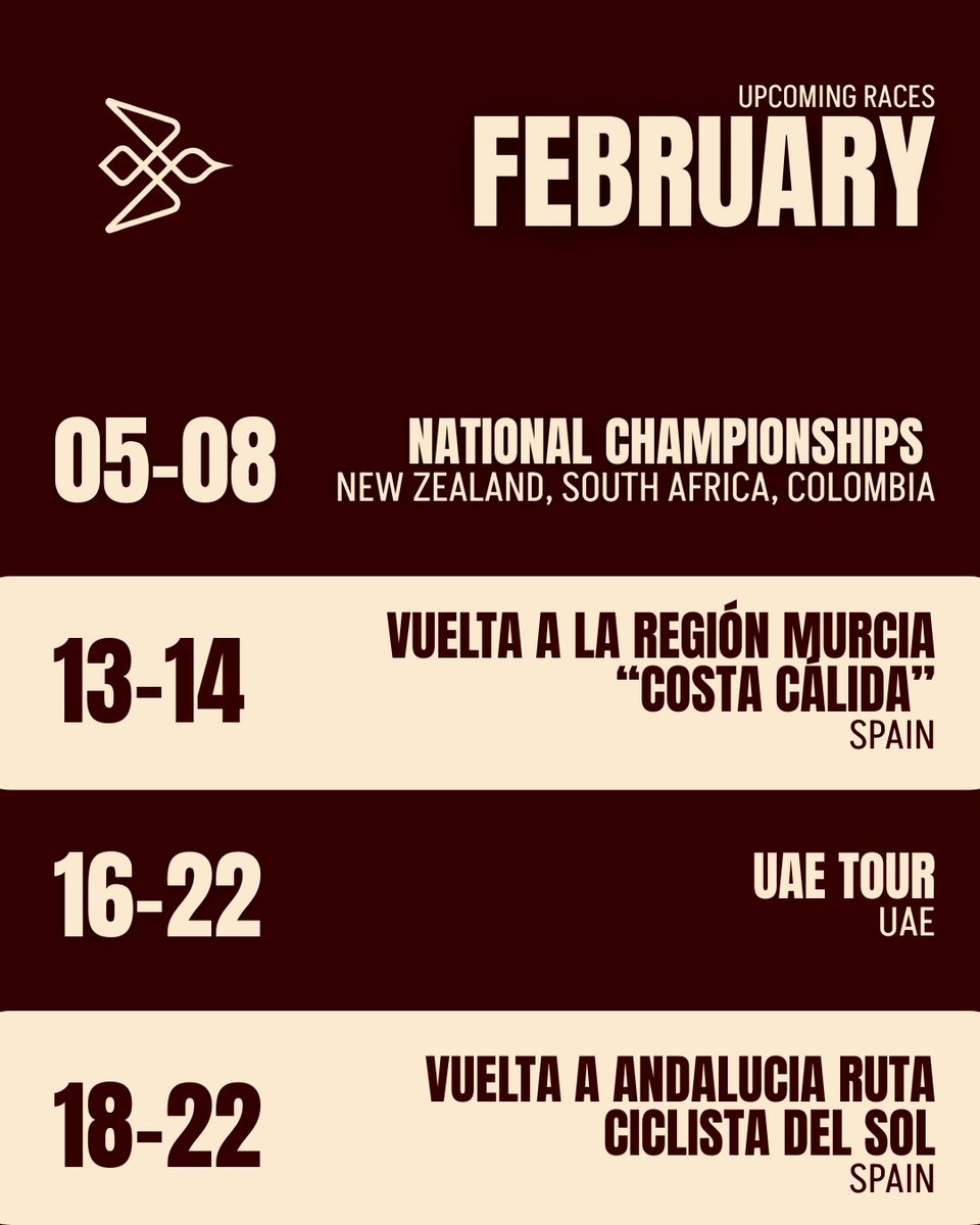 Nationals 🇳🇿🇿🇦🇨🇴, our first WorldTour Race and the start of our European campaign. 

Here’s where you’ll find us this month 👇