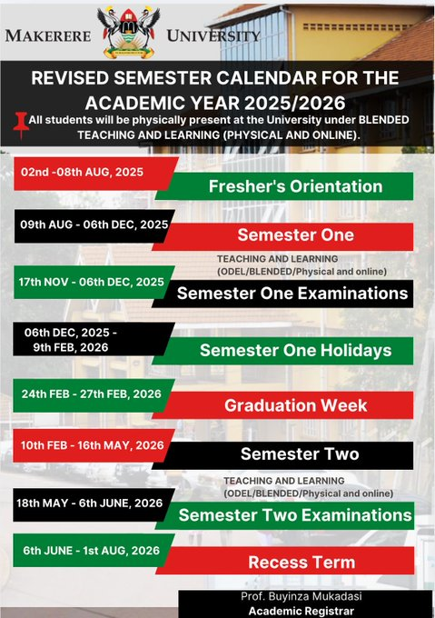 MakerereAR's tweet photo. 📌Revised Semester Calendar  - 2025/2026

Attn: @MakGuild and the university Community. https://t.co/b881u5lpj3
