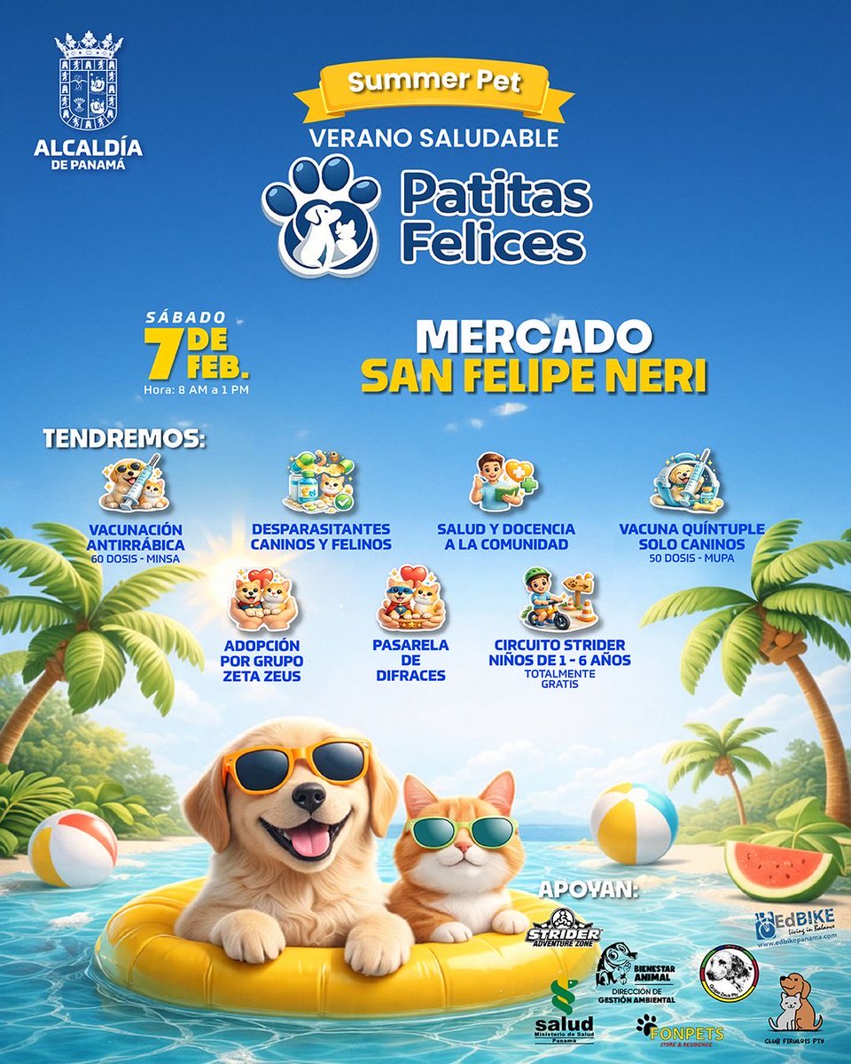 Panamaalcaldia's tweet image. Summer Pet – Patitas Felices llega al Mercado San Felipe Neri 🏖️
Vacunación, desparasitación, adopciones y más, totalmente gratis.
📅 Sáb. 7 feb | ⏰ 8:00 a.m. – 1:00 p.m.