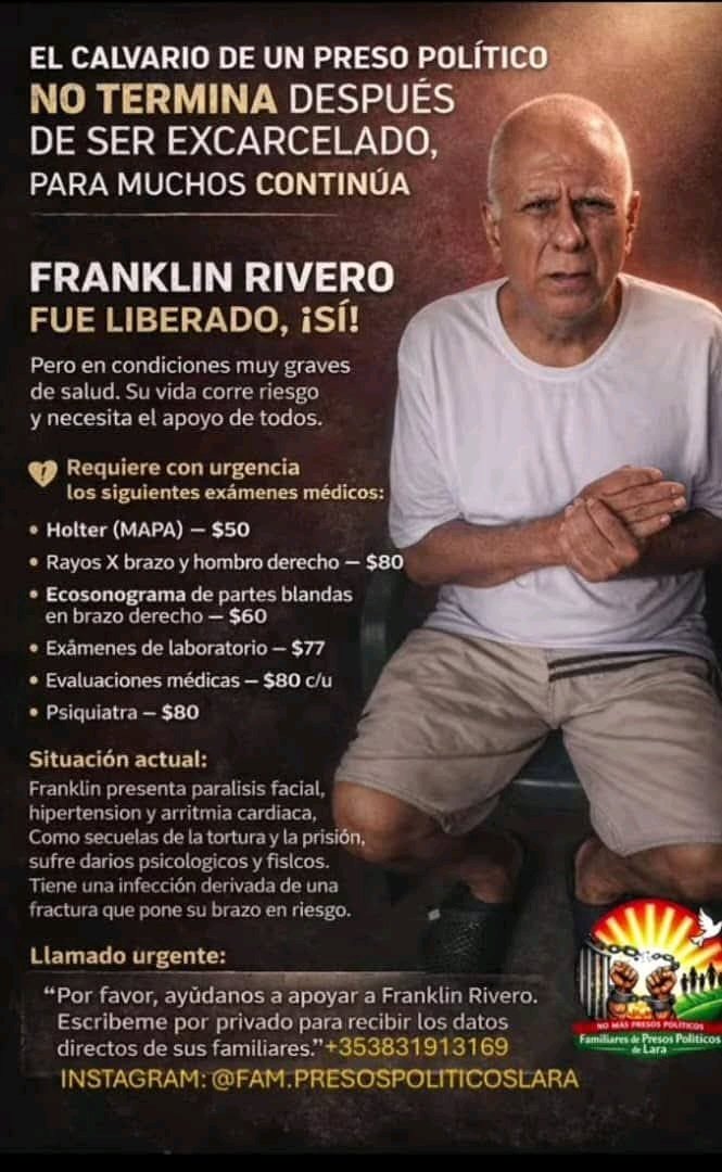 virginiamp49's tweet photo. El preso político Franklin Rivero necesita de la ayuda de todos. Fue liberado en muy malas condiciones de salud y requiere de apoyo para recuperarse @TiaGorrito @Gbastidas @iraimavivast @Juliococo https://t.co/YMl7hczoU3