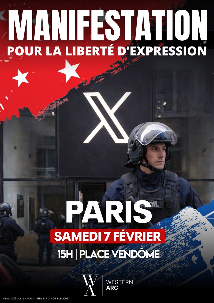 MANIFESTATION DEVANT LE SIÈGE DE 𝕏 FRANCE. 
RDV samedi 7 février à 15h. 

Après l'ARCOM, la fermeture de C8, le DSA, les ingérences de l'UE, le pass numérique, l'authentification obligatoire, les amendes, les fermetures de comptes, les condamnations,.... 

Il faut réagir. 
Pour