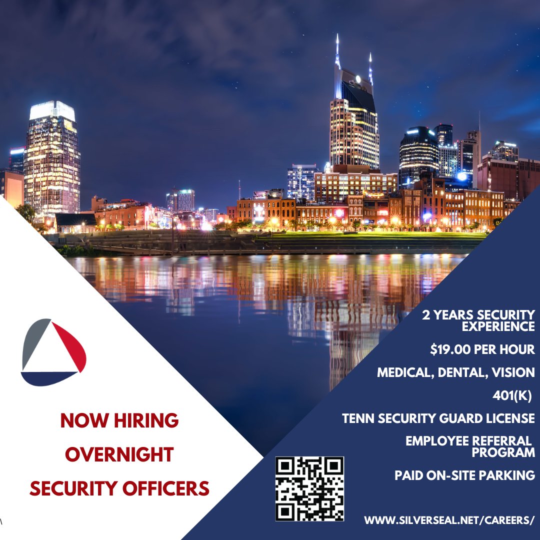 We are currently hiring Overnight Security Guards for our Nashville location. Apply at careers.silverseal.net 
#NashvilleJobs #NashvilleHiring #MusicCityJobs #TennesseeJobs 

#Silverseal #PrivateInvestigation #Security