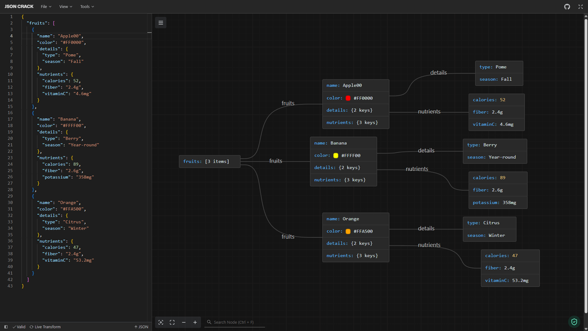 Visualize JSON into interactive graphs

jsoncrack.com
Github repo: github.com/AykutSarac/jso…