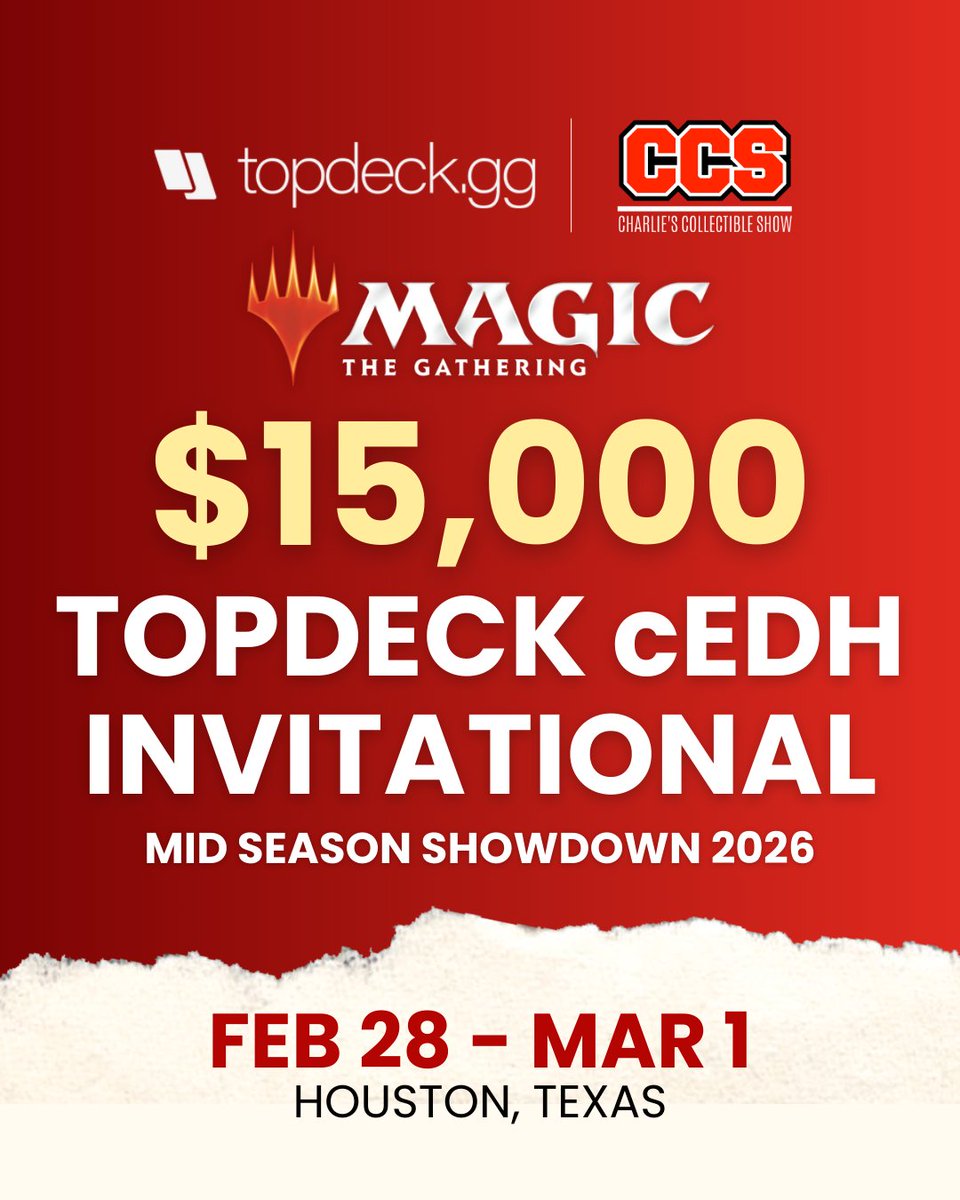 TopDeck is bringing their $15,000 cEDH Invitational to CCS Houston - save the date! ⚔️🔥

💰 $15K prize pool
🏆 64+ invited players
🃏 Proxy-friendly cEDH
🔥 Swiss rounds → Top 16 cut

🗓️ Feb 28–March 1
📍 CCS Houston
🔗 topdeck.gg/midseasonshowd…
