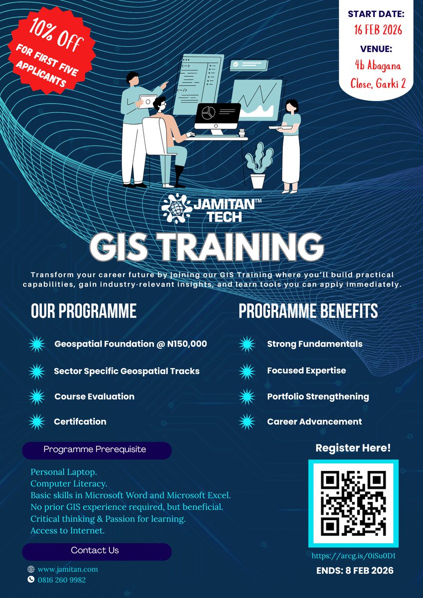 Jamitan_Tech's tweet photo. Registration is still open! 
Quickly grab a seat before the 8th of Feb!

GIS Fundamentals + sector tracks built for real opportunities.

Register: https://t.co/GLi0LVrFf1
Classes start Feb 16

#GIS #Geospatial #SkillUp #CareerGrowth https://t.co/So3w9mE96g