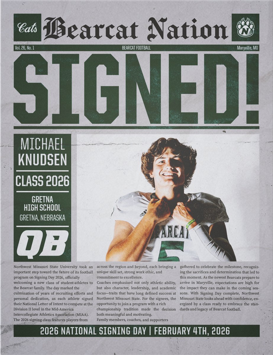 NWBearcat_FB's tweet image. 🚨OFFERS TO INK 🚨
Big arm, sharp mind, Nebraska QB Michael Knudsen is officially on board.
#CATSONTHERISE #GOOD𝟐𝟔REAT #EARNEDNOTGIVEN