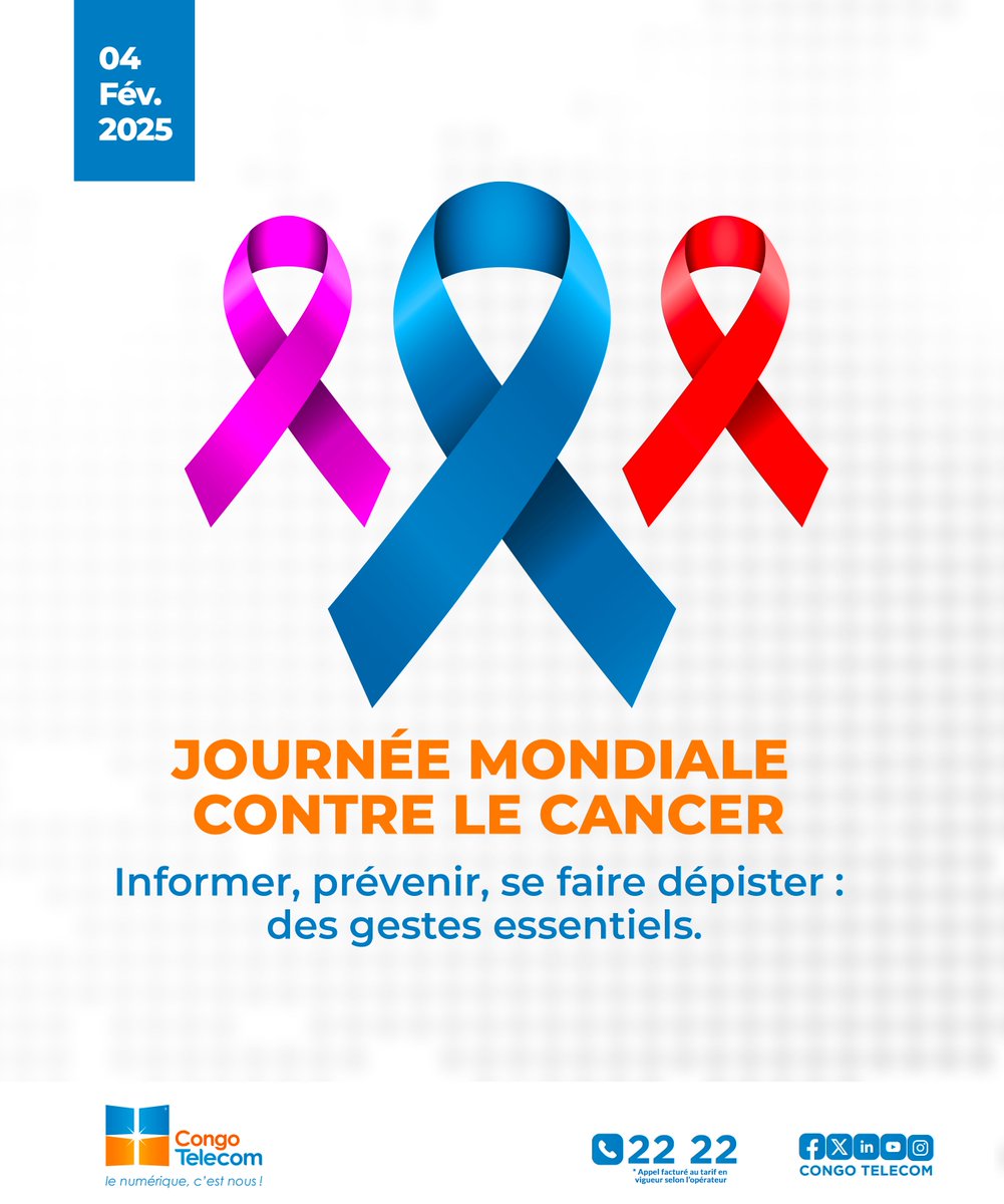 À l’occasion de la Journée mondiale de lutte contre le cancer, Congo Telecom réaffirme son attachement aux actions de sensibilisation et d’information au service des populations.
 #CongoTelecom #WorldCancerDay