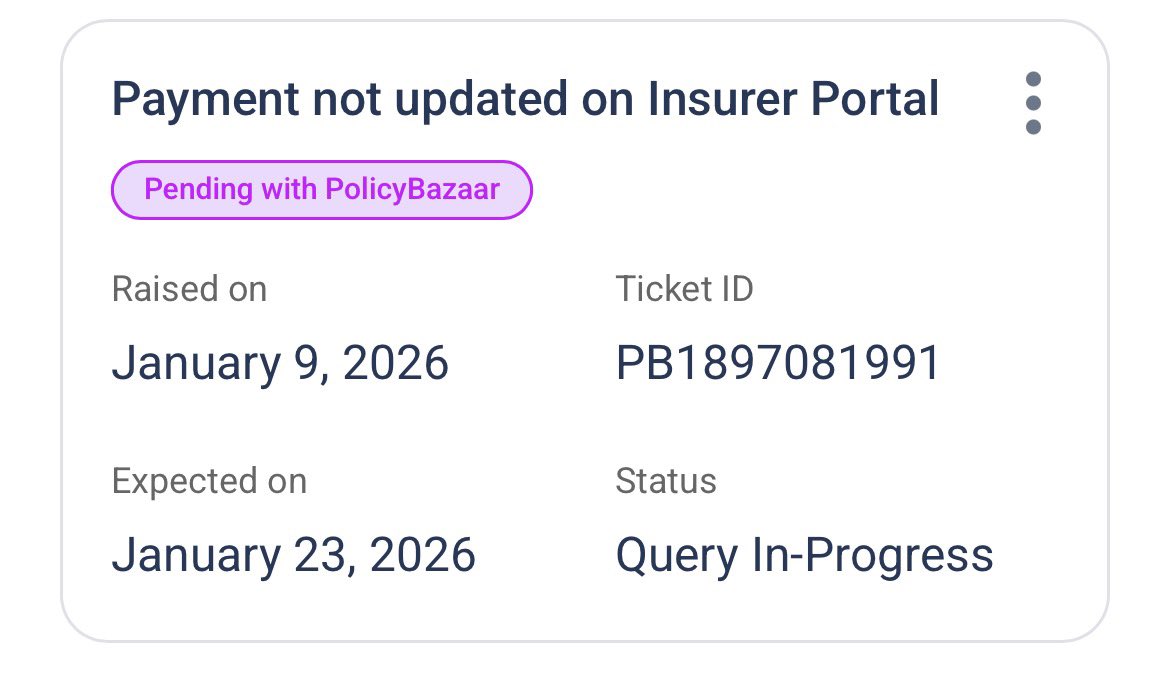 VikramLad's tweet photo. @policybazaar @PBHelpDesk it’s been almost more than 25 days, the payment I made is still not reflecting on Insurer portal. On the app it shows more than 30 days to payment to reflect but the next premium due before that. @ICICIPruLife K4722027. Where is the money @policybazaar ? https://t.co/4c1BwnBAvb