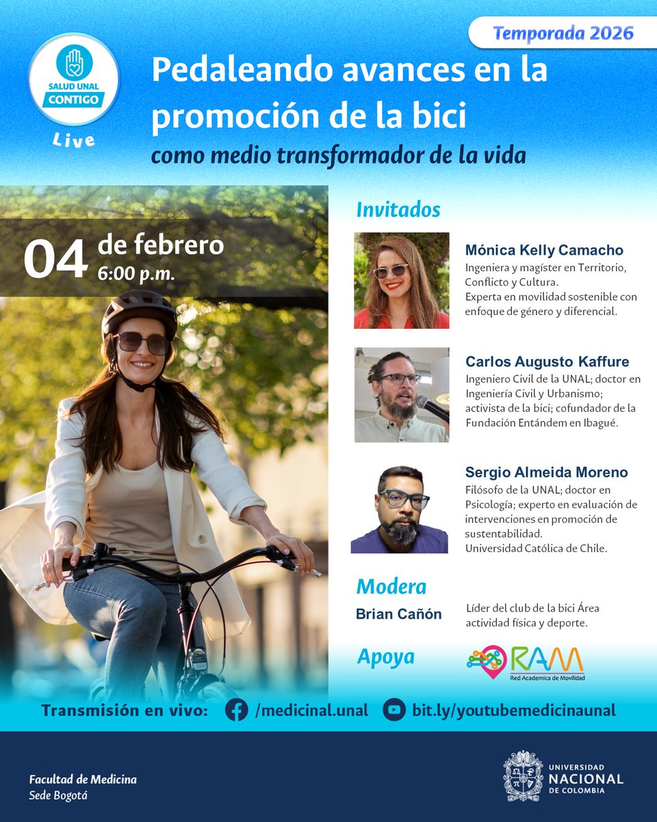 MedicinaUNAL's tweet photo. 💻 ¡Hoy regresa #SUCLive! No te pierdas el primer conversatorio virtual de esta temporada 2026: "Pedaleando avances en la promoción de la bici como medio transformador de la vida". 🚴🏼‍♂️

🔴 Conéctate en vivo desde las 6:00 p.m. 👉 https://t.co/lNJOBpu1yf

#UNAL #RAM #Live #bici https://t.co/oLxtZf4MpH