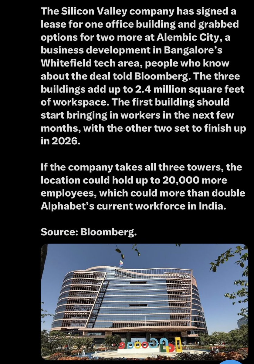 JSRFarms's tweet photo. 2.4 mil sft office space to ship 20000 jobs from US when American grads are struggling to find jobs. 
Google makes hundreds of billions of dollars in profits and still wants to cut costs and ship jobs. Any lawmaker getting this? @JDVance @RealPNavarro @SecScottBessent https://t.co/kZuXYpgWbN