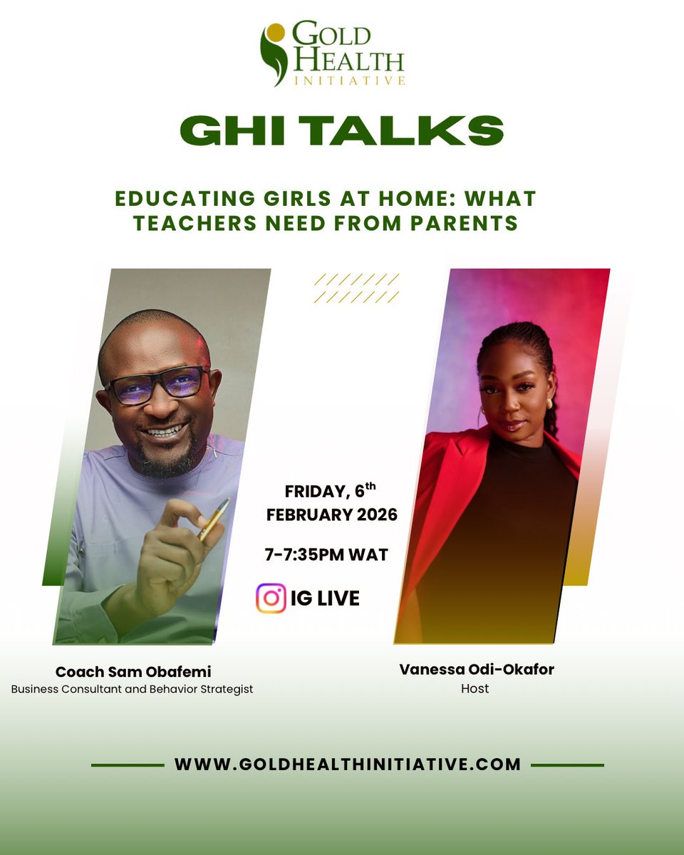 GoldHealth_ng's tweet photo. Join us and Coach @sobafemi this Friday as we discuss girl child education, outside the four walls of a classroom.
Coach is a powerful speaker &amp; business consultant, who is also a father. We're excited to spend the evening gleaning insights from him.
📍IG Live- Friday, 6th Feb https://t.co/98geG2xp08